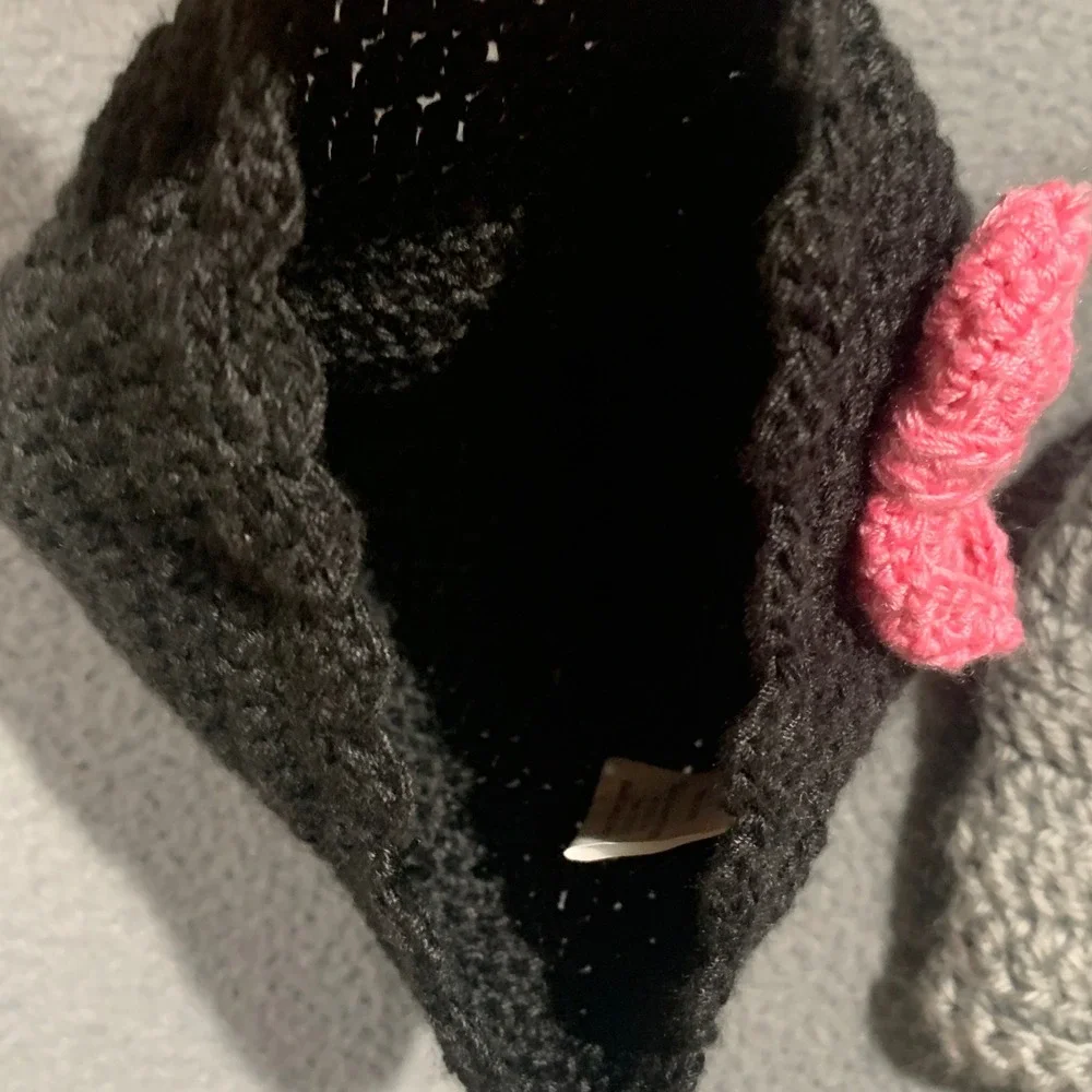 Laura Ashley Baby Girls Crochet Beanie Hat Set 2pk Black Bow Grey Flower‎ 0-6M